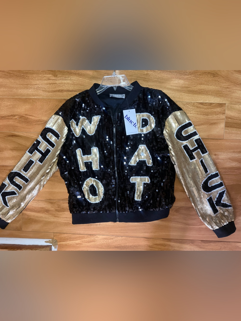 Blue B Who Dat Chick Sequin Bomber Jacket M/L NWT Black Golden